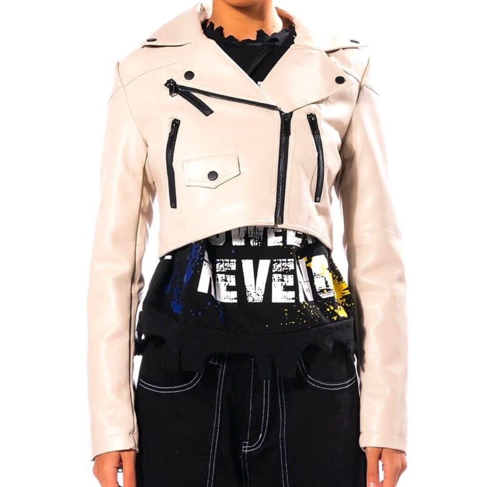 Callie: Not-So-Basic Moto Winter White Ivory VEGAN Leather Jacket - Picture 10 of 13